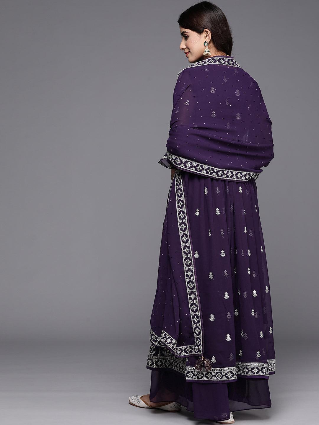 Purple Embroidered Georgette A-Line Kurta With Palazzos & Dupatta - ShopLibas 