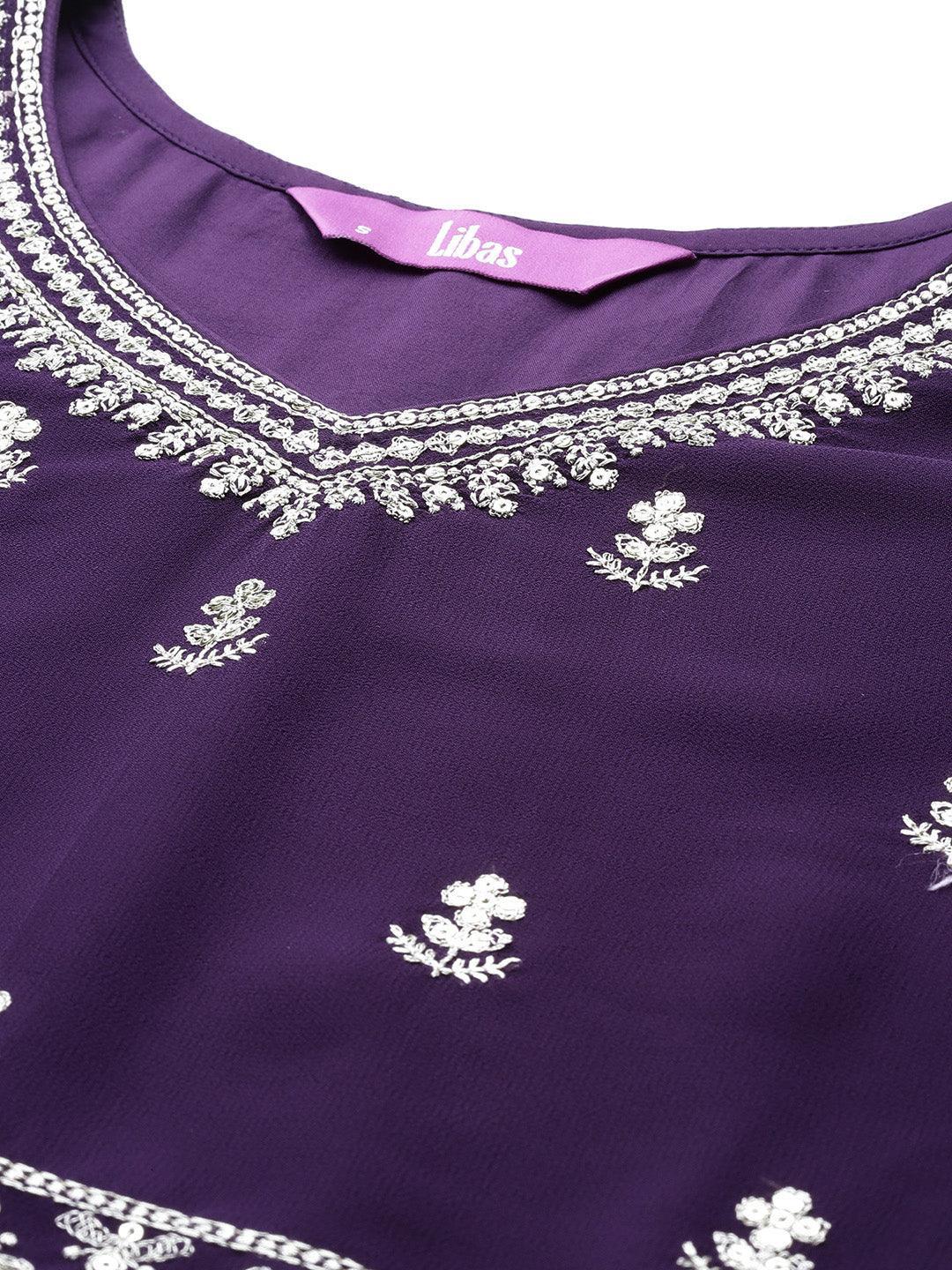 Purple Embroidered Georgette A-Line Kurta With Palazzos & Dupatta - ShopLibas 