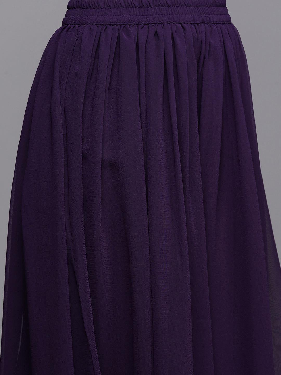 Purple Embroidered Georgette A-Line Kurta With Palazzos & Dupatta - ShopLibas 