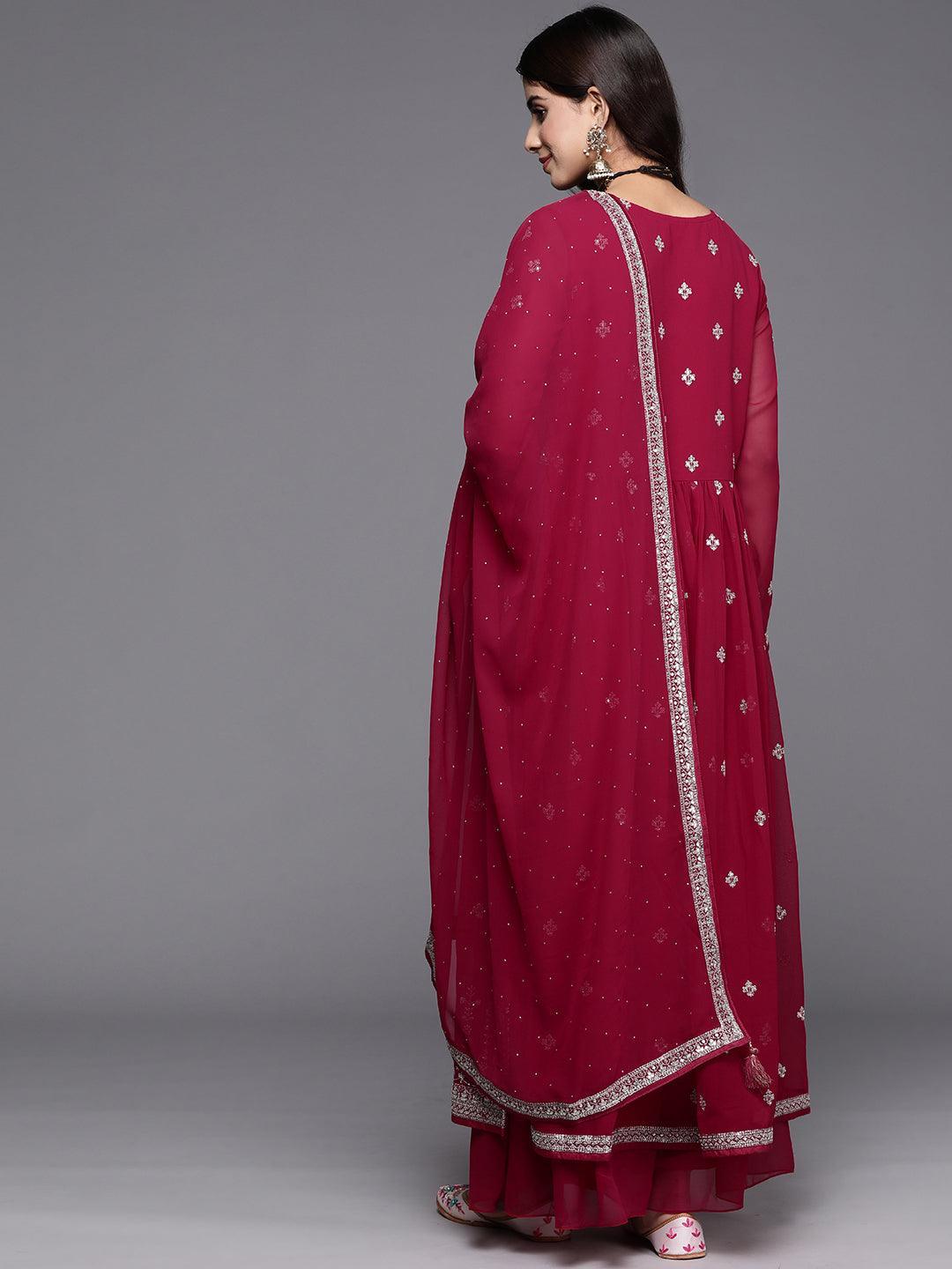 Red Embroidered Georgette A-Line Kurta With Palazzos & Dupatta - ShopLibas 