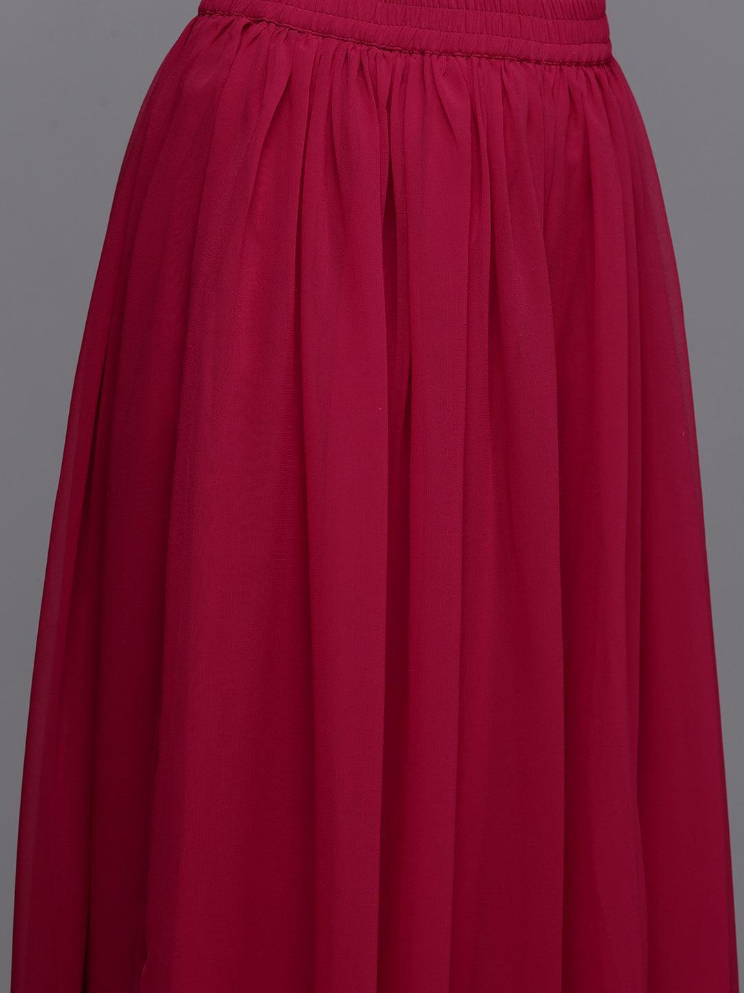 Red Embroidered Georgette A-Line Kurta With Palazzos & Dupatta - ShopLibas 