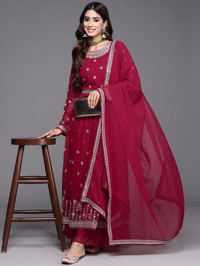 Red Embroidered Georgette A-Line Kurta With Palazzos & Dupatta - ShopLibas