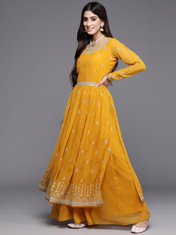 Mustard Embroidered Georgette A-Line Kurta With Palazzos & Dupatta