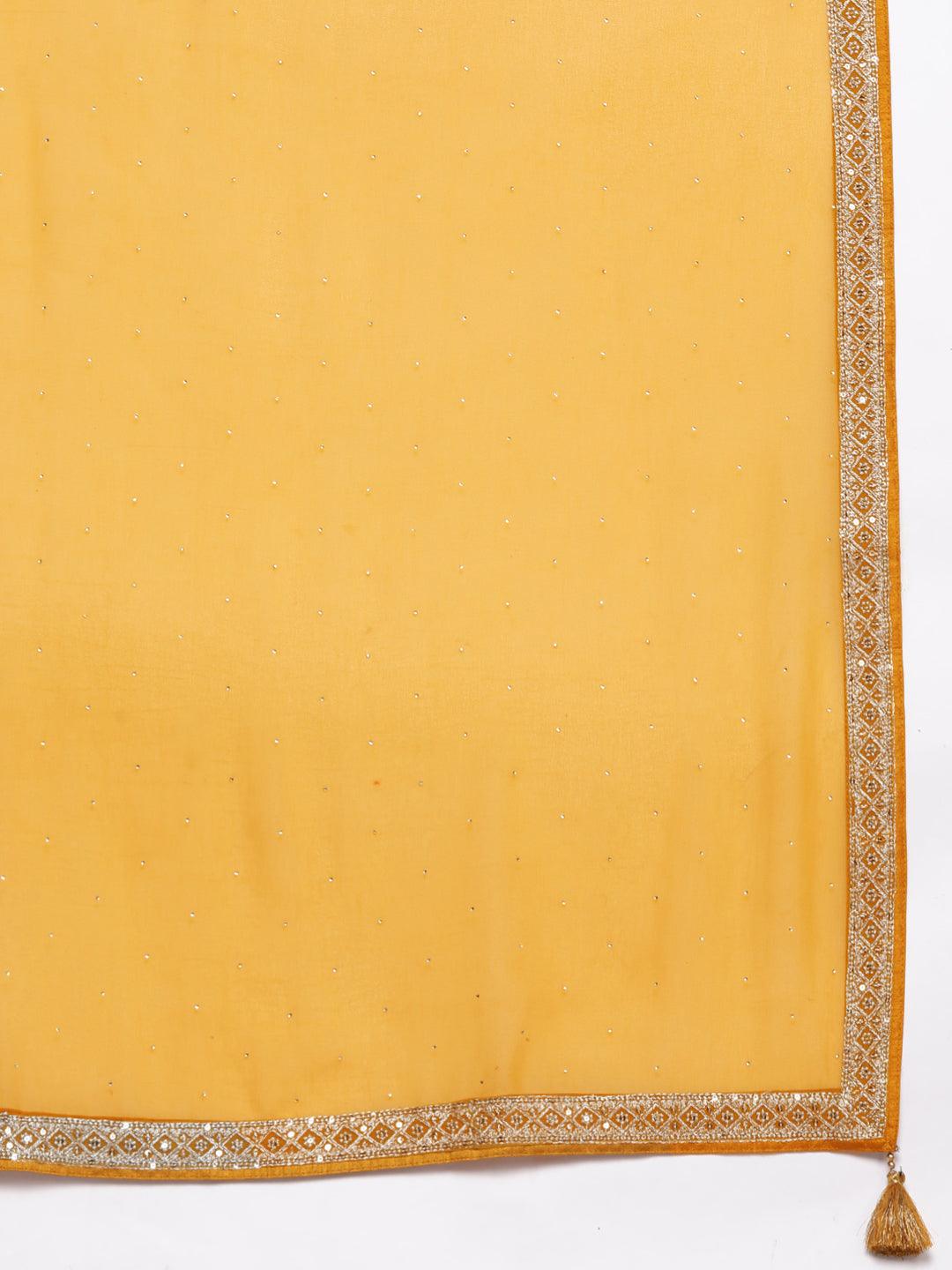 Mustard Embroidered Georgette A-Line Kurta With Palazzos & Dupatta - ShopLibas 