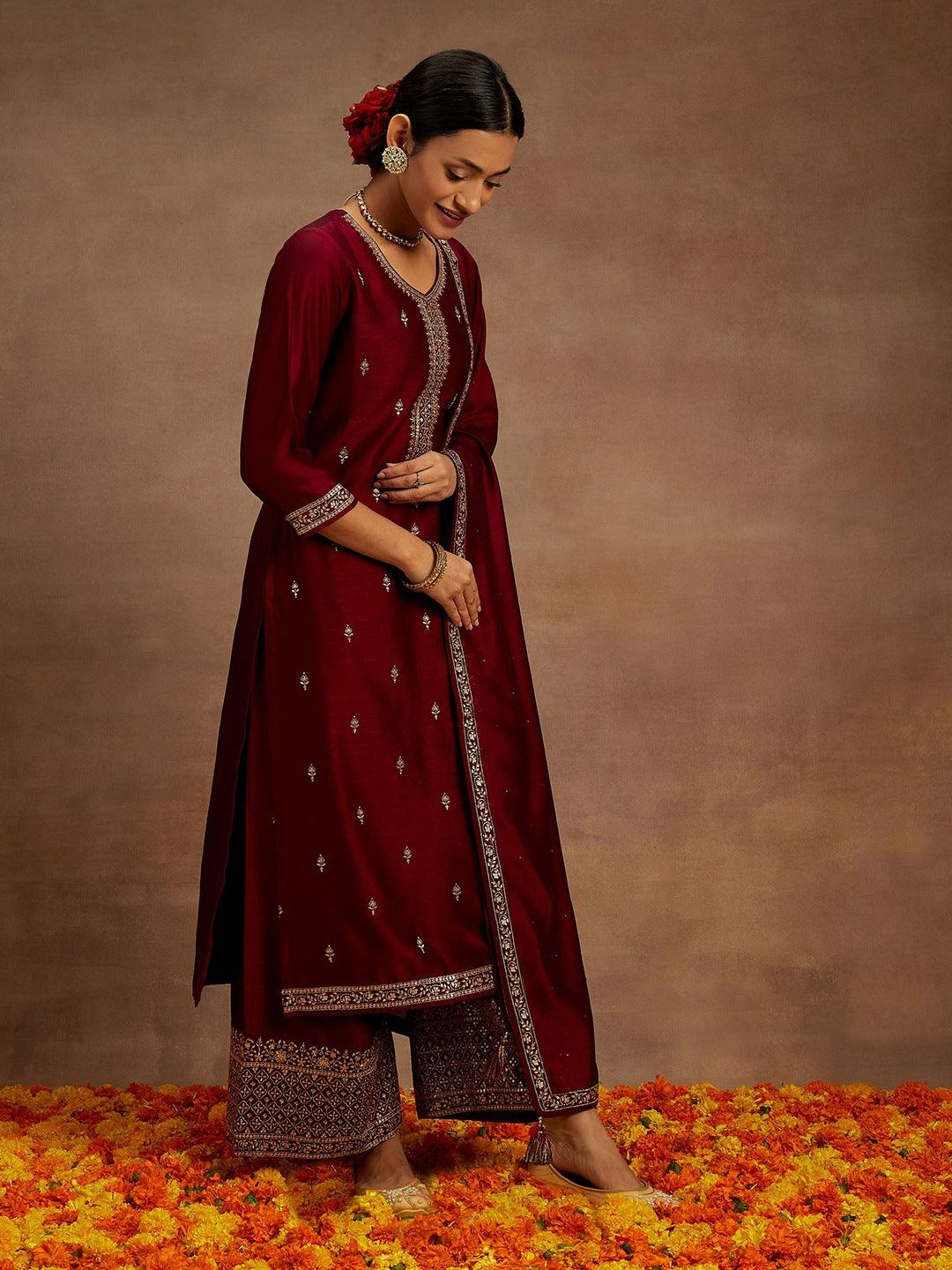 Fuchsia Embroidered Silk Blend Straight Kurta With Palazzos & Dupatta - ShopLibas 