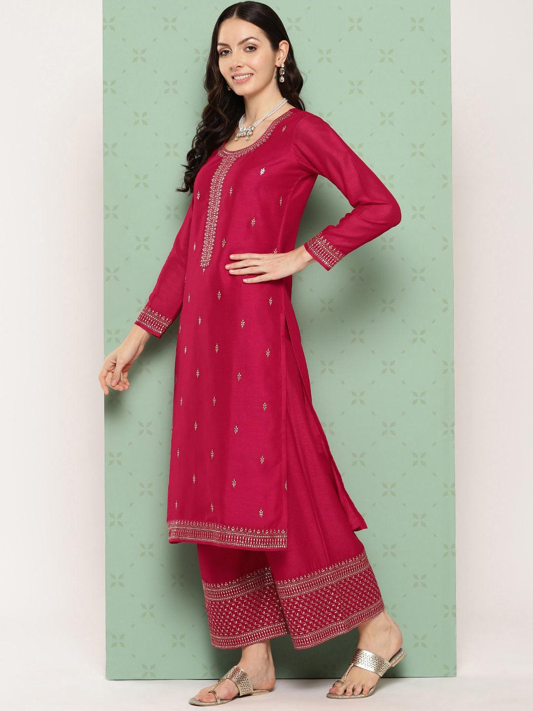 Pink Embroidered Silk Blend Straight Kurta With Palazzos & Dupatta - ShopLibas 