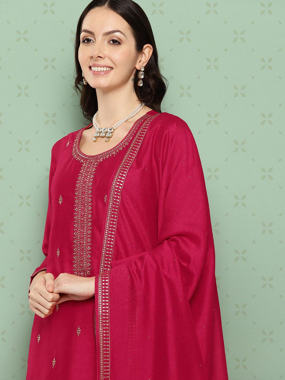 Pink Embroidered Silk Blend Straight Kurta With Palazzos & Dupatta - ShopLibas 