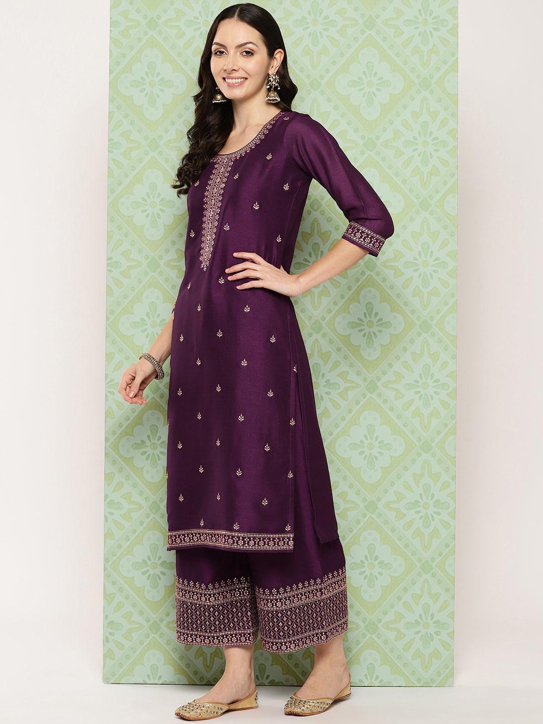 Wine Embroidered Silk Blend Straight Kurta With Palazzos & Dupatta - ShopLibas 