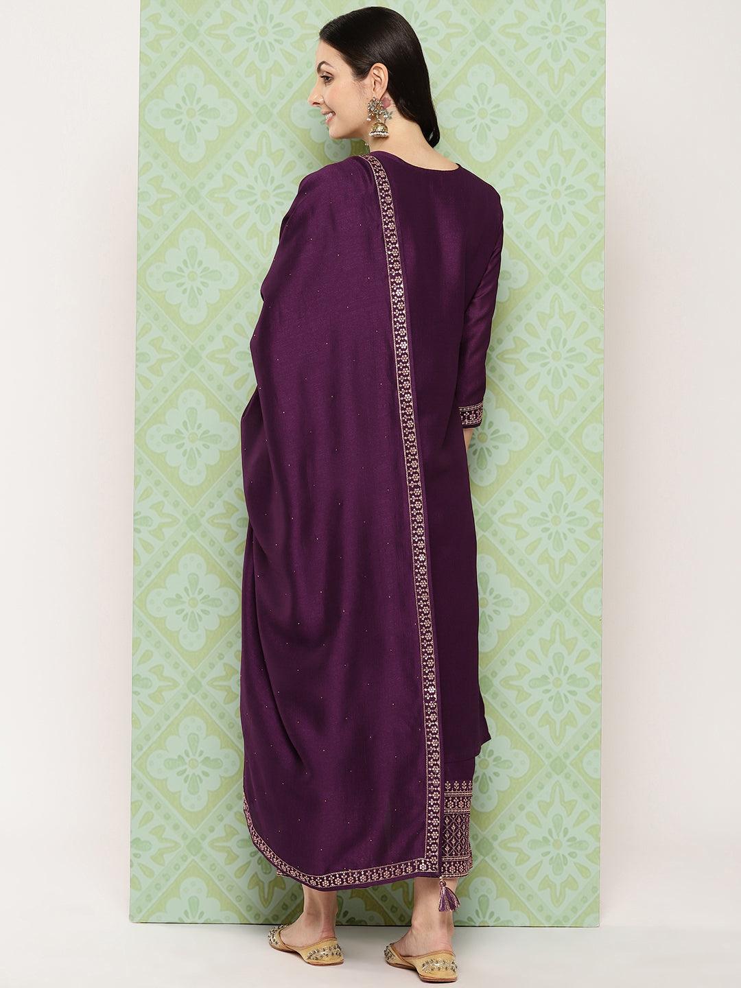 Wine Embroidered Silk Blend Straight Kurta With Palazzos & Dupatta - ShopLibas 
