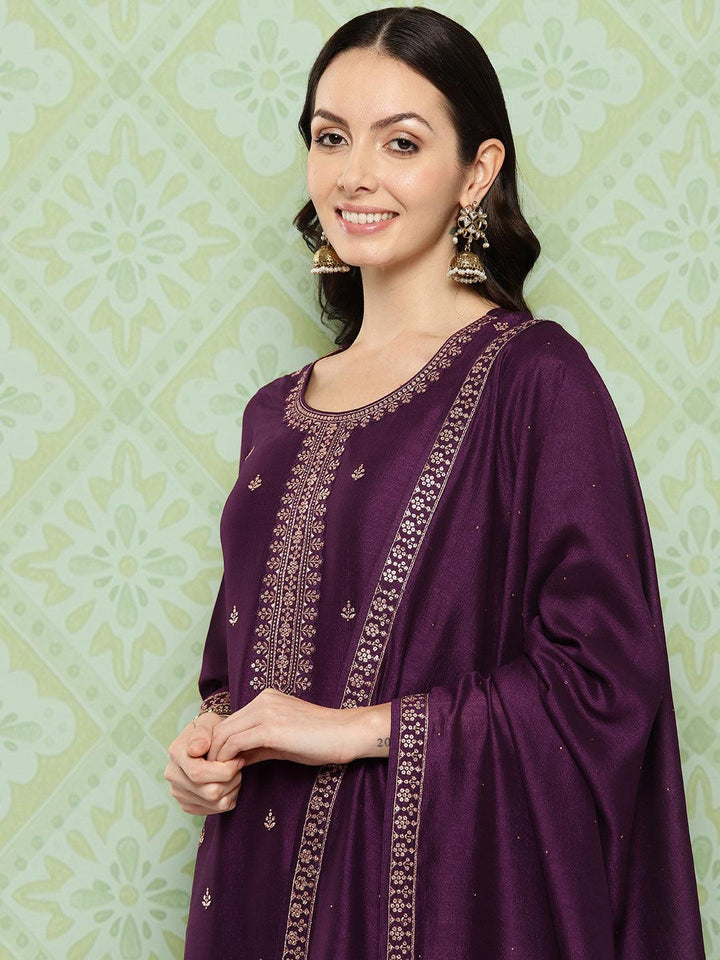Wine Embroidered Silk Blend Straight Suit With Dupatta