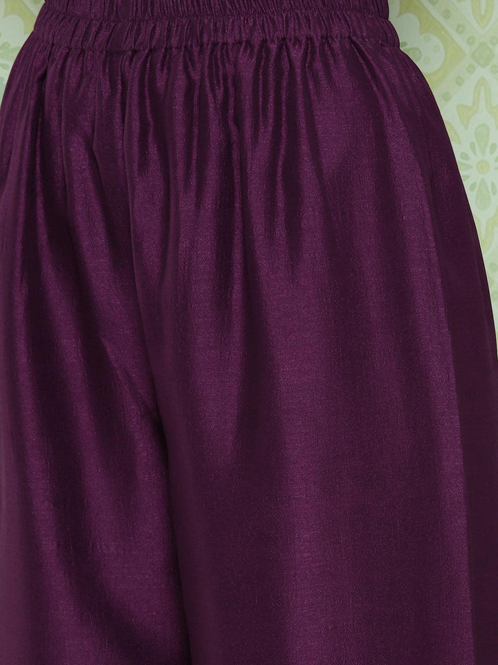 Wine Embroidered Silk Blend Straight Suit With Dupatta