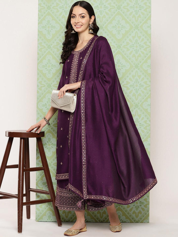 Wine Embroidered Silk Blend Straight Suit With Dupatta
