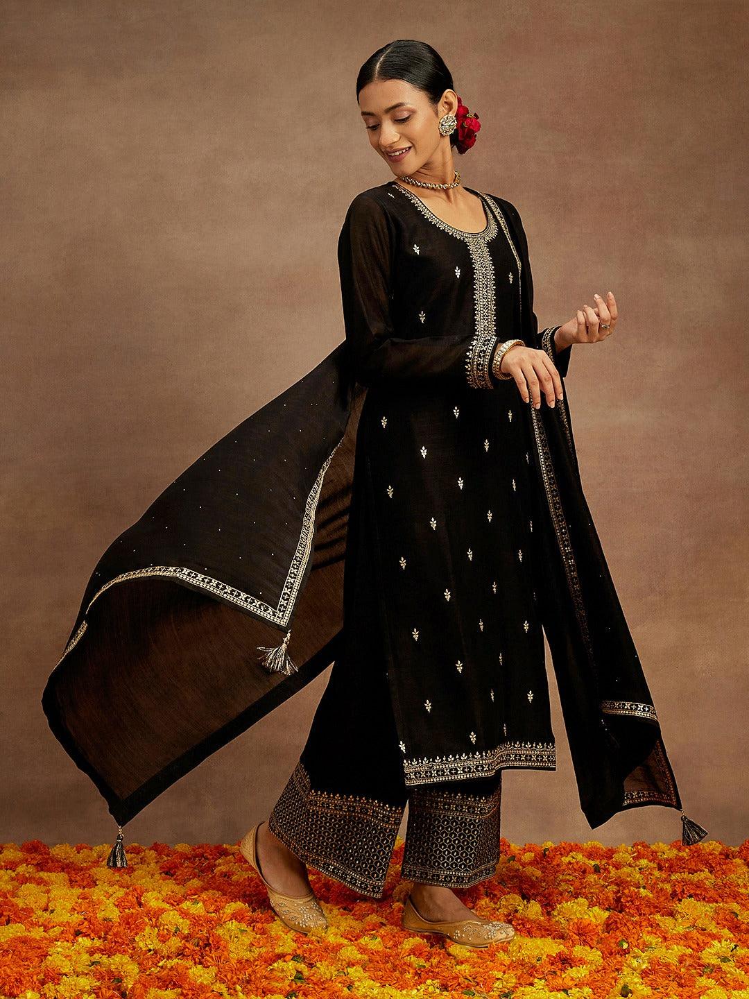 Black Embroidered Silk Blend Straight Kurta With Palazzos & Dupatta - ShopLibas 