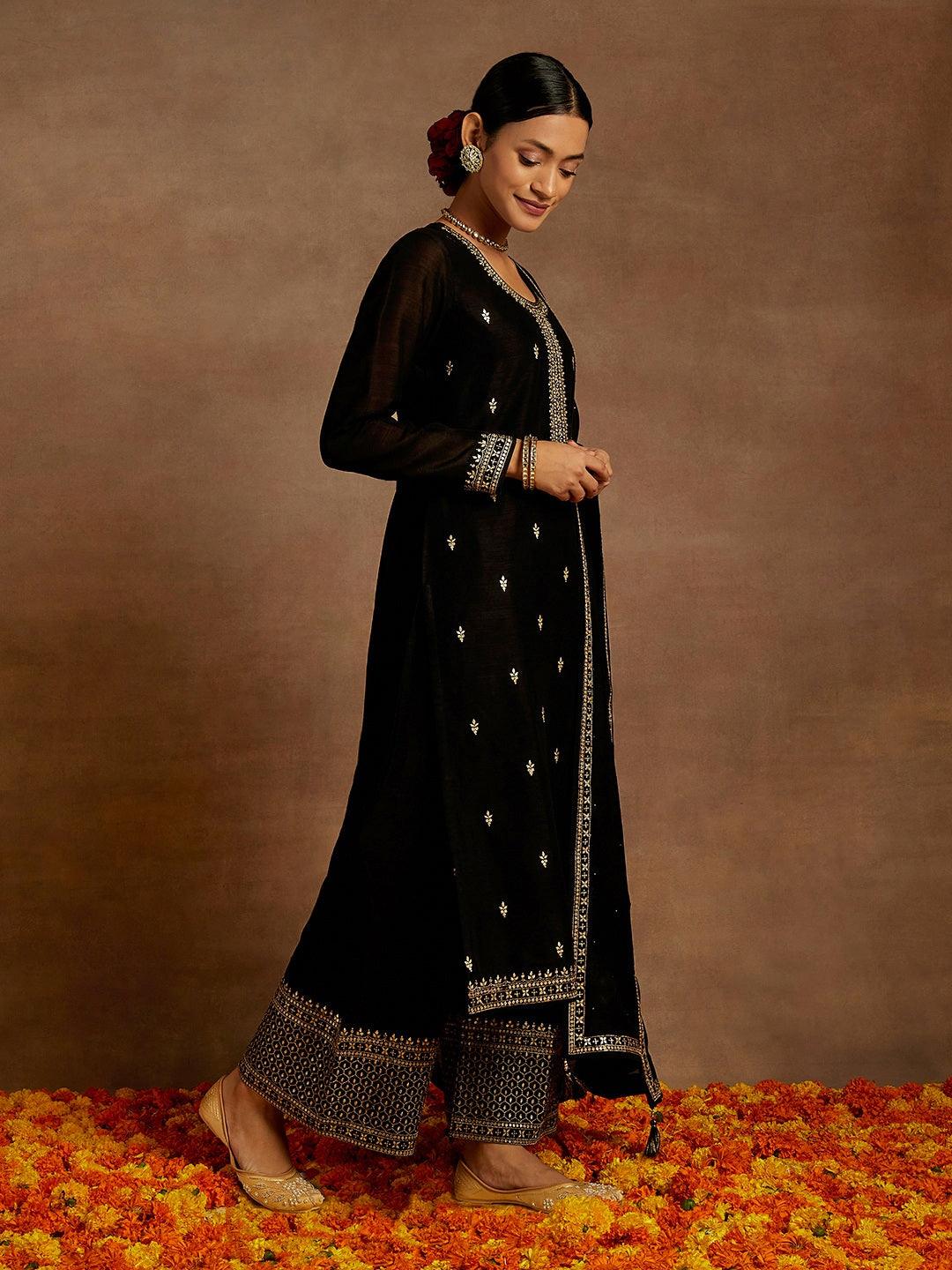 Black Embroidered Silk Blend Straight Kurta With Palazzos & Dupatta - ShopLibas 