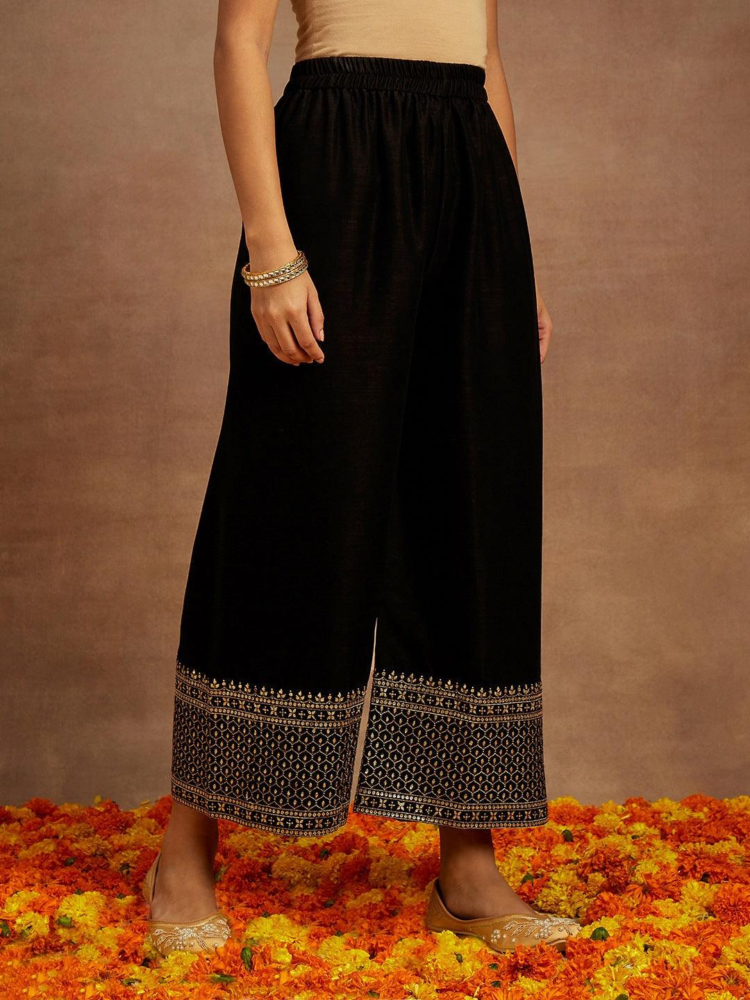 Black Embroidered Silk Blend Straight Kurta With Palazzos & Dupatta - ShopLibas 