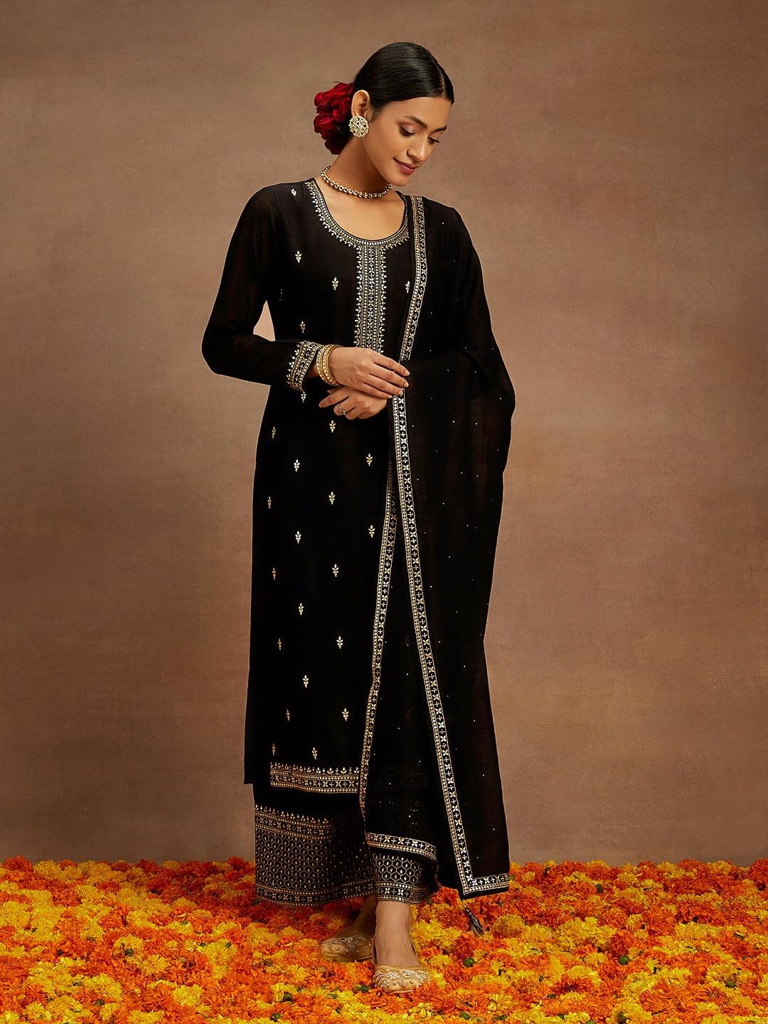 Black Embroidered Silk Blend Straight Kurta With Palazzos & Dupatta - ShopLibas 