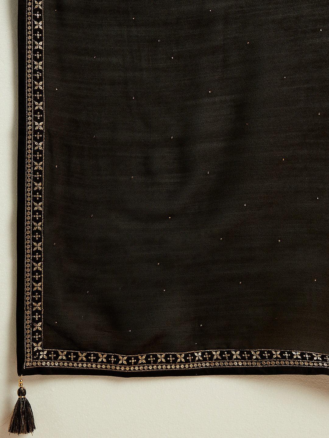 Black Embroidered Silk Blend Straight Kurta With Palazzos & Dupatta - ShopLibas 