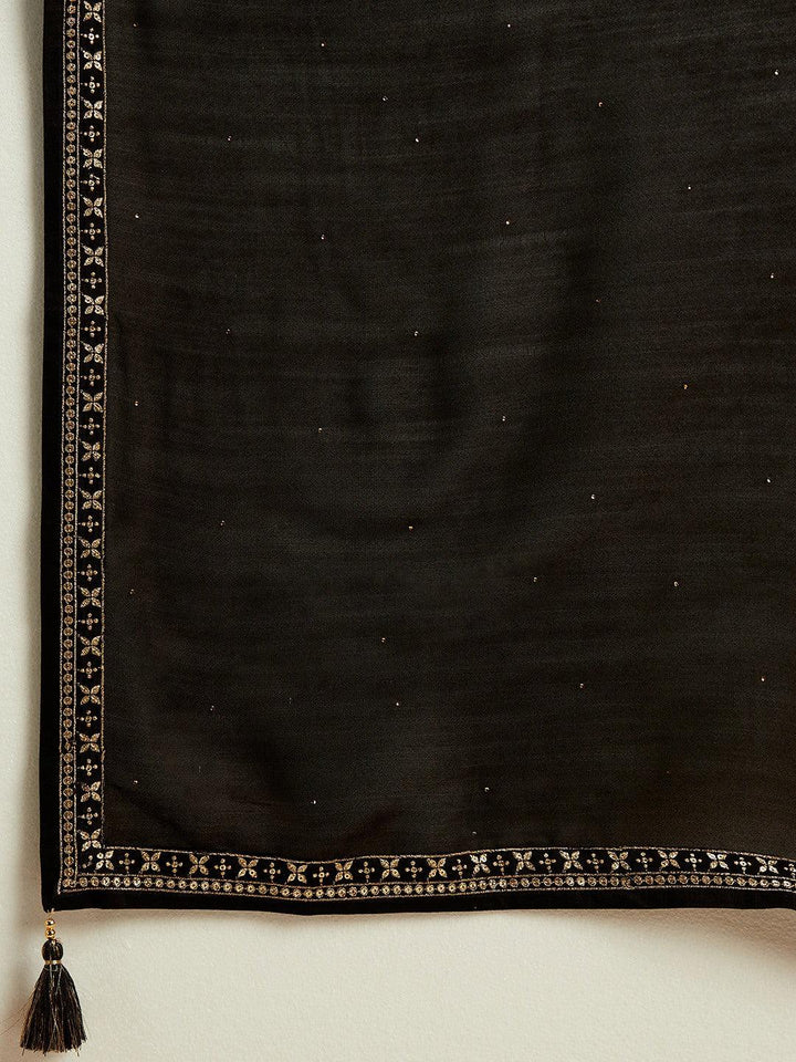 Black Embroidered Silk Blend Straight Suit With Dupatta