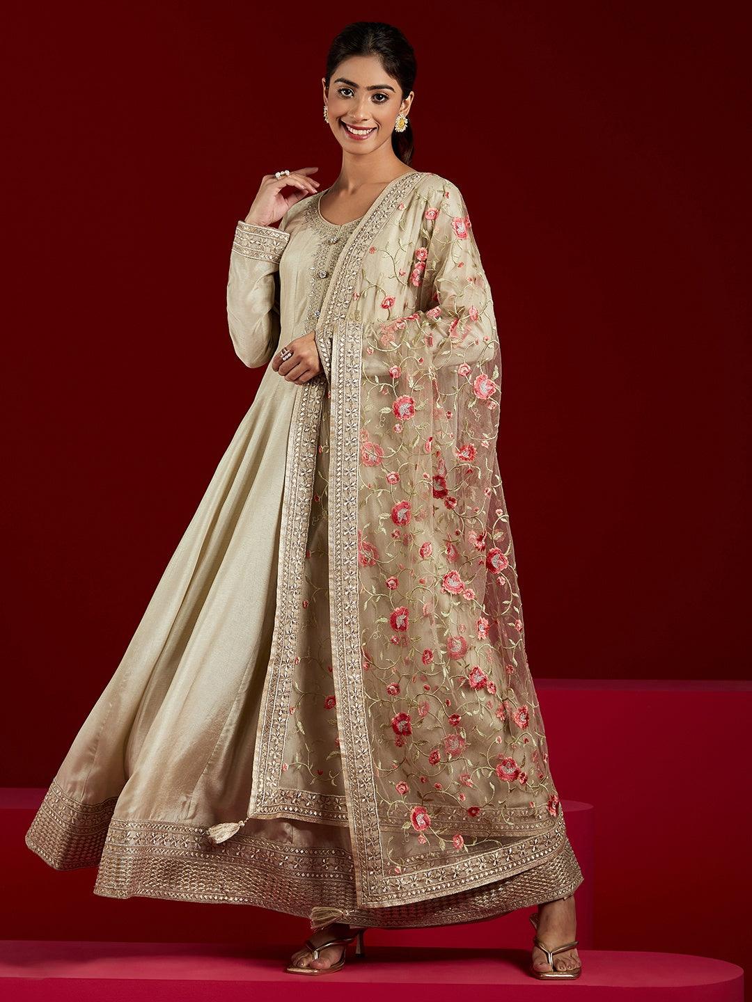 Libas Art Gold Yoke Design Silk Anarkali Kurta With Trousers & Dupatta - ShopLibas