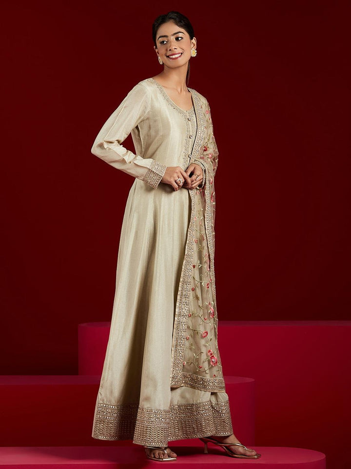 Libas Art Gold Yoke Design Silk Anarkali Kurta With Trousers & Dupatta - ShopLibas