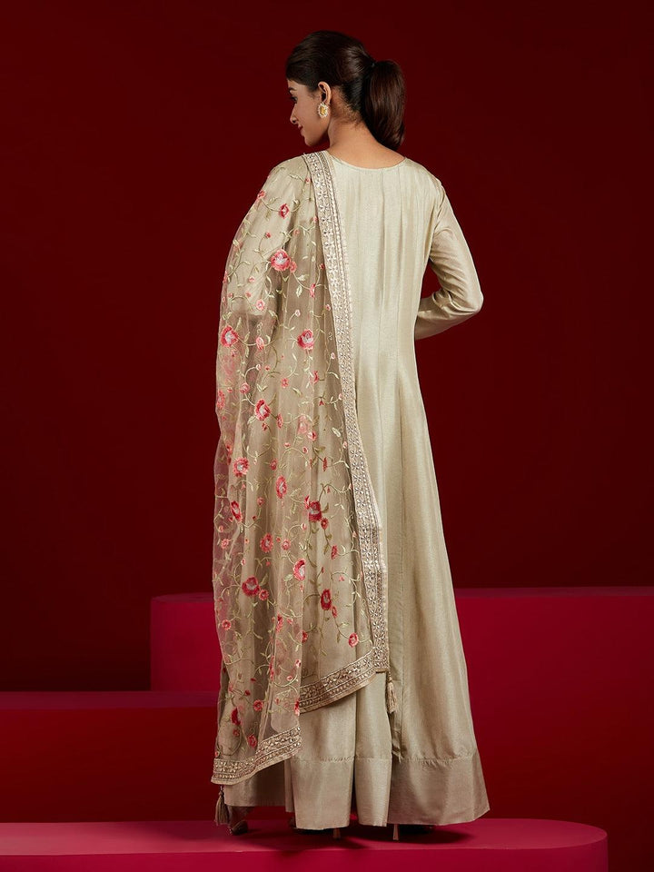 Libas Art Gold Yoke Design Silk Anarkali Kurta With Trousers & Dupatta - ShopLibas