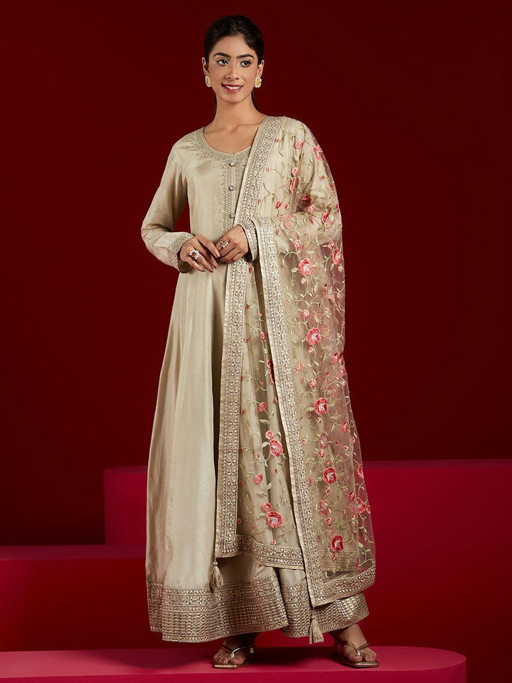 Libas Art Gold Yoke Design Silk Anarkali Kurta With Trousers & Dupatta - ShopLibas