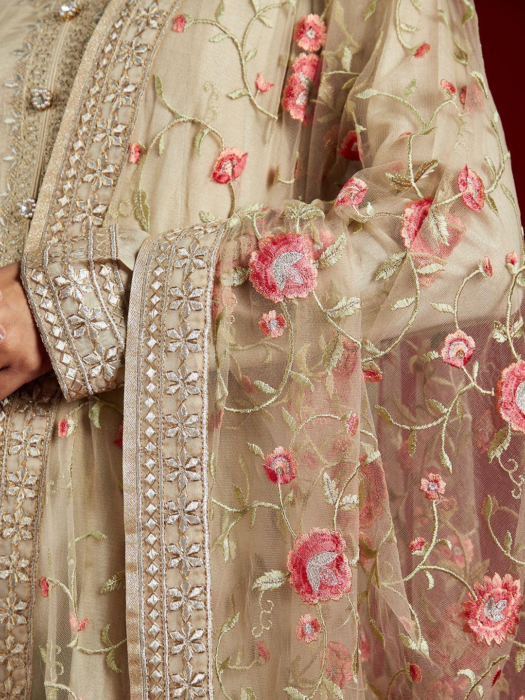 Libas Art Gold Yoke Design Silk Anarkali Kurta With Trousers & Dupatta - ShopLibas