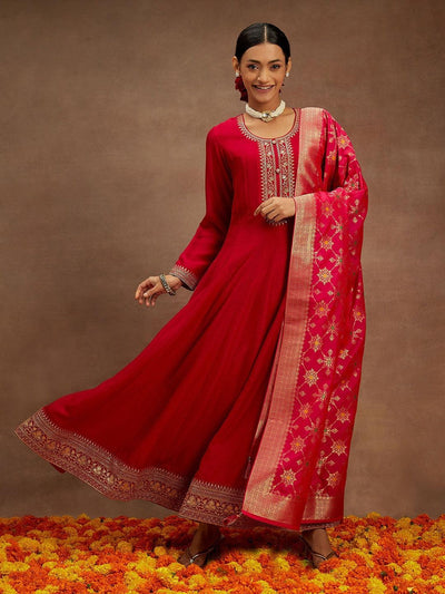 Hot Pink Yoke Design Silk Blend Anarkali Kurta With Trousers & Dupatta - ShopLibas