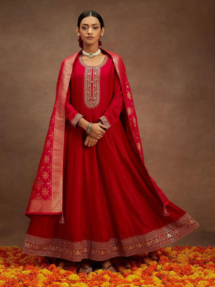 Hot Pink Yoke Design Silk Blend Anarkali Kurta With Trousers & Dupatta - ShopLibas