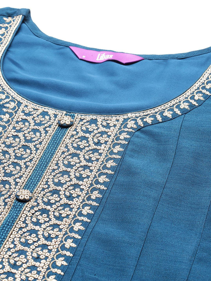 Teal Yoke Design Silk Blend Anarkali Kurta With Trousers & Dupatta - ShopLibas