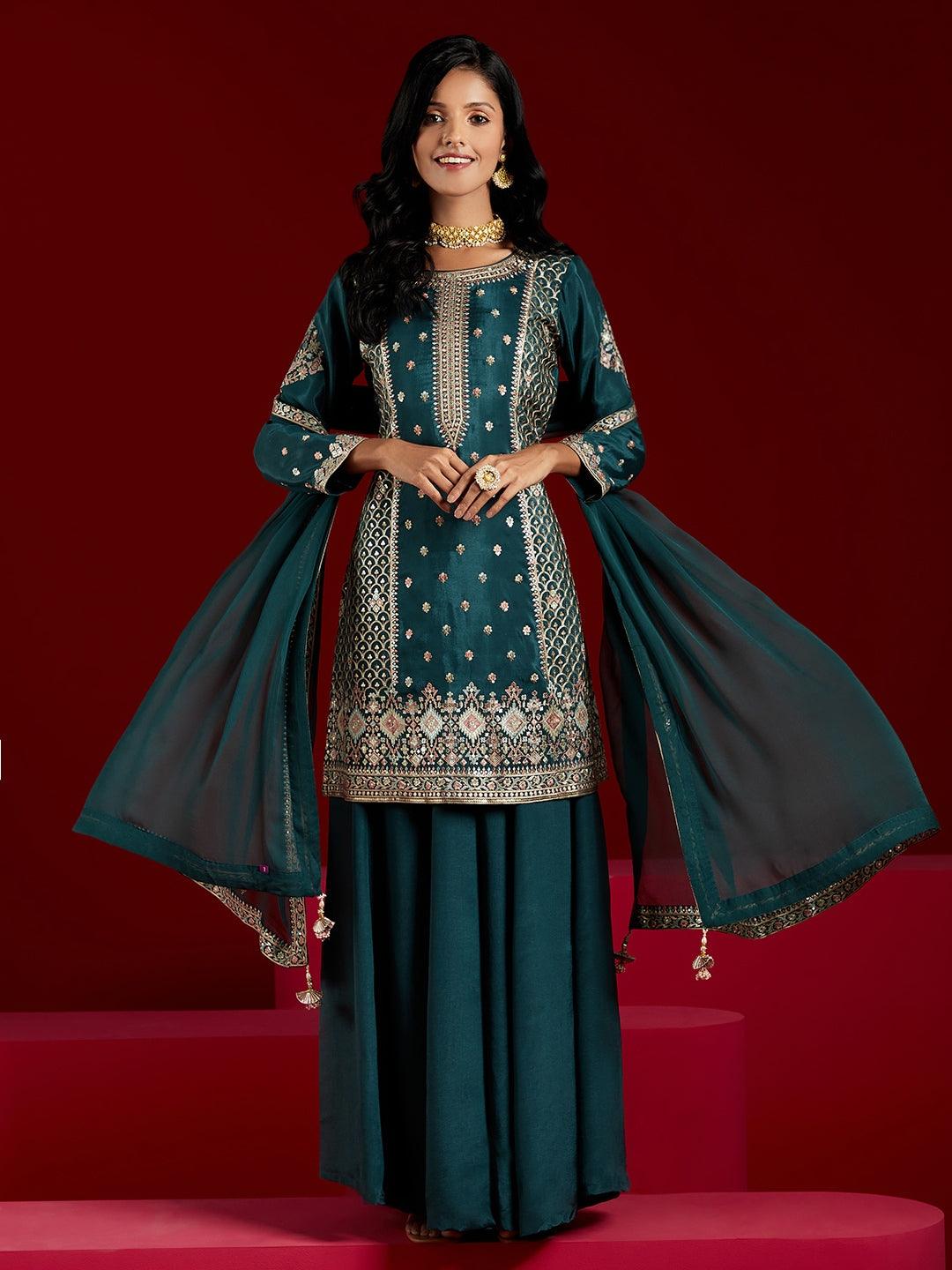 Libas Art Green Embroidered Silk Straight Kurta With Palazzos & Dupatta - ShopLibas