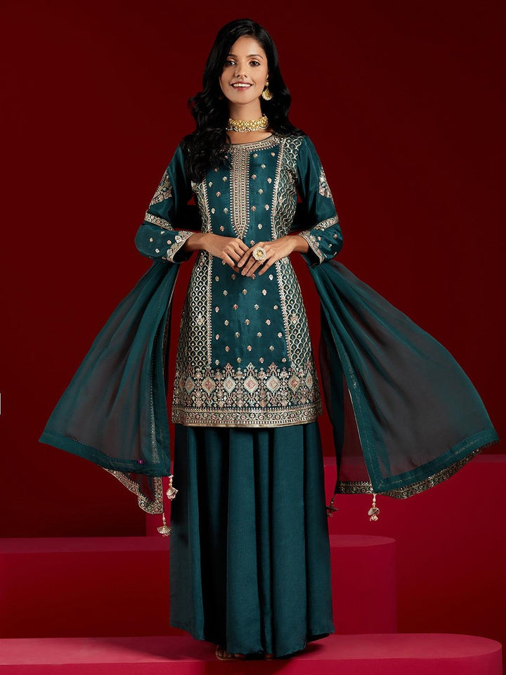 Libas Art Green Embroidered Silk Straight Kurta With Palazzos & Dupatta - ShopLibas