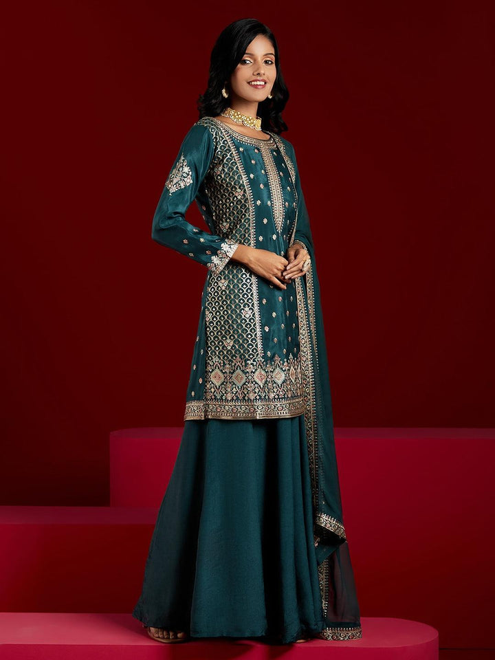 Libas Art Green Embroidered Silk Straight Kurta With Palazzos & Dupatta - ShopLibas