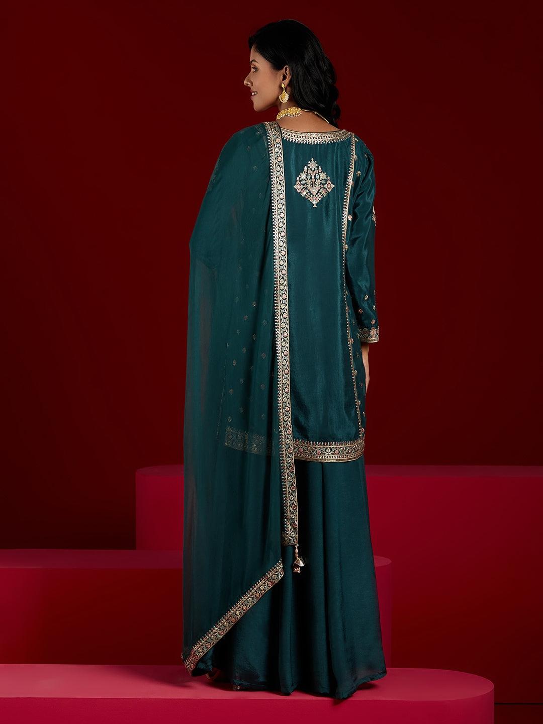 Libas Art Green Embroidered Silk Straight Kurta With Palazzos & Dupatta - ShopLibas