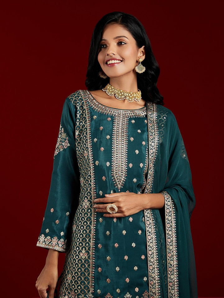 Libas Art Green Embroidered Silk Straight Kurta With Palazzos & Dupatta - ShopLibas