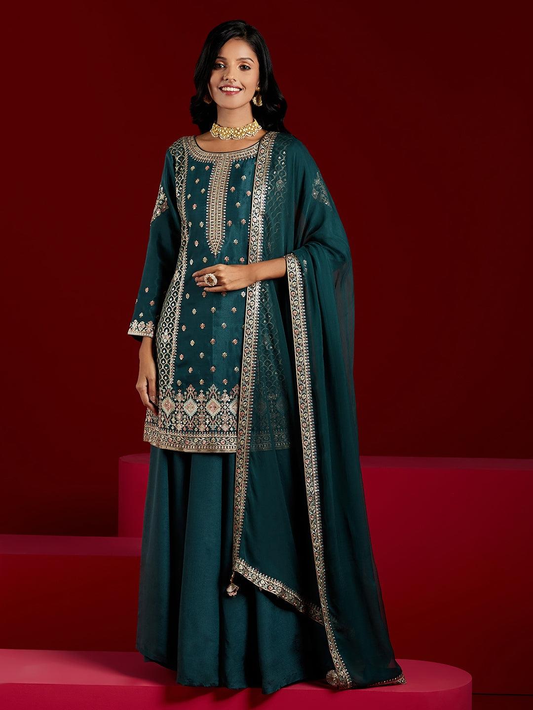 Libas Art Green Embroidered Silk Straight Kurta With Palazzos & Dupatta - ShopLibas
