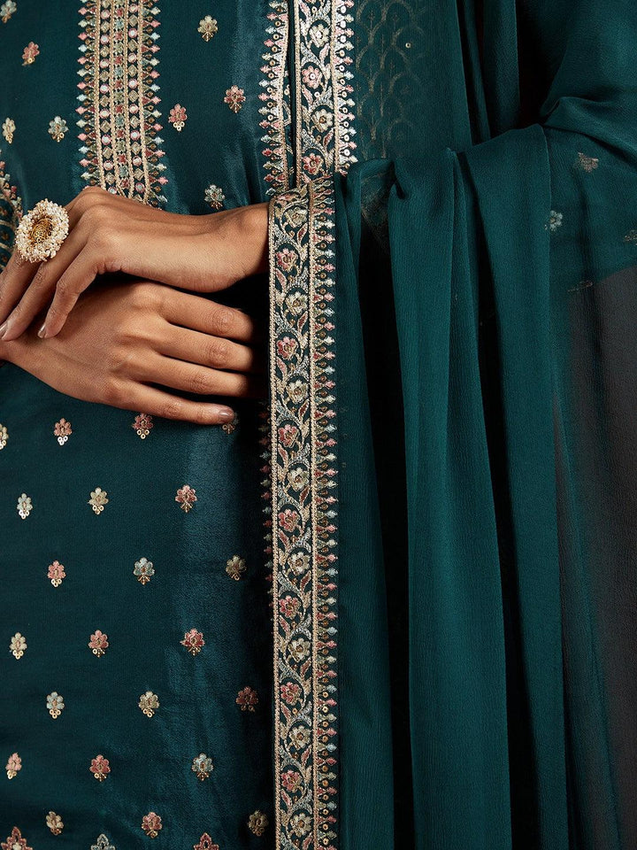 Libas Art Green Embroidered Silk Straight Kurta With Palazzos & Dupatta - ShopLibas