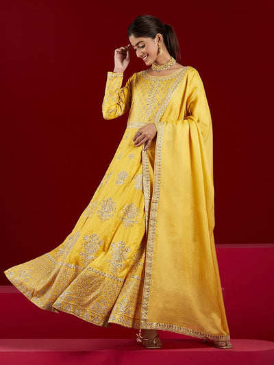 Libas Art Yellow Embroidered Silk A-Line Kurta With Trousers & Dupatta - ShopLibas