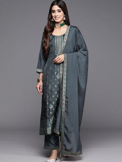 Grey Woven Design Silk Blend Straight Kurta With Trousers & Dupatta - ShopLibas