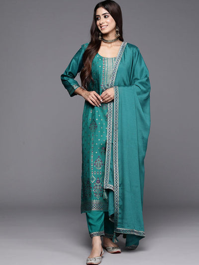 Turquoise Woven Design Silk Blend Straight Kurta With Trousers & Dupatta - ShopLibas