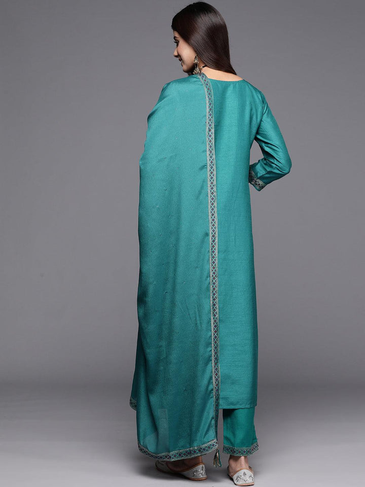 Turquoise Woven Design Silk Blend Straight Kurta With Trousers & Dupatta - ShopLibas