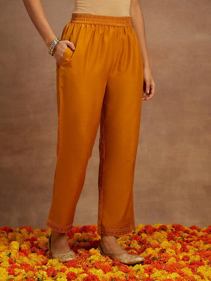 Mustard Woven Design Silk Blend Straight Kurta With Trousers & Dupatta - ShopLibas