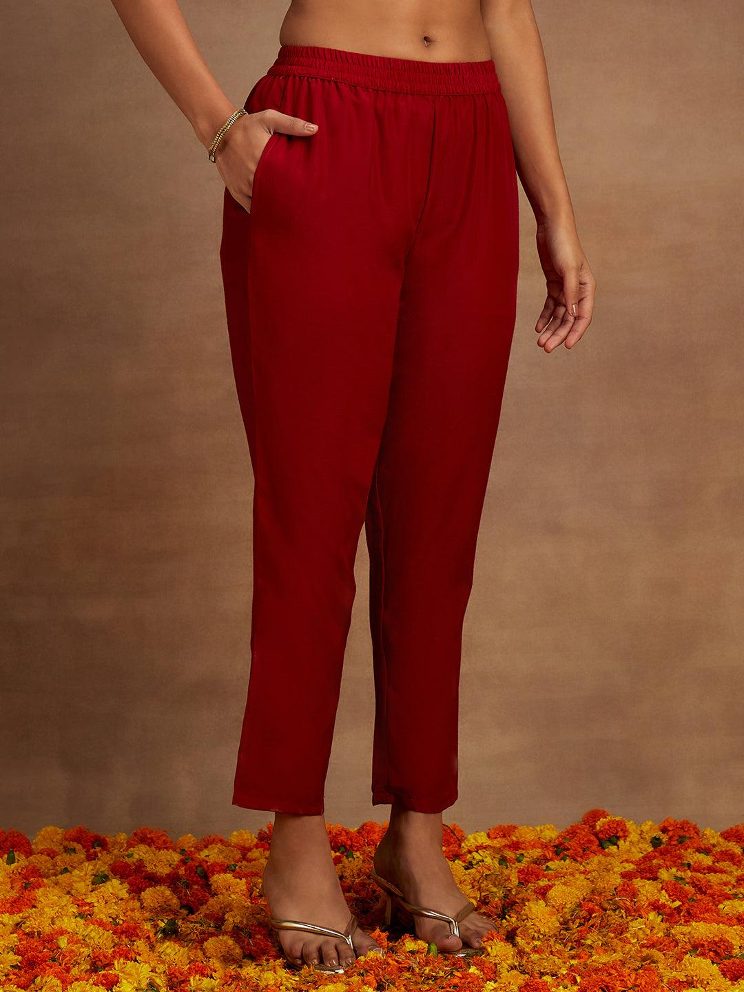 Maroon Yoke Design Silk Blend Straight Kurta With Trousers & Dupatta - ShopLibas