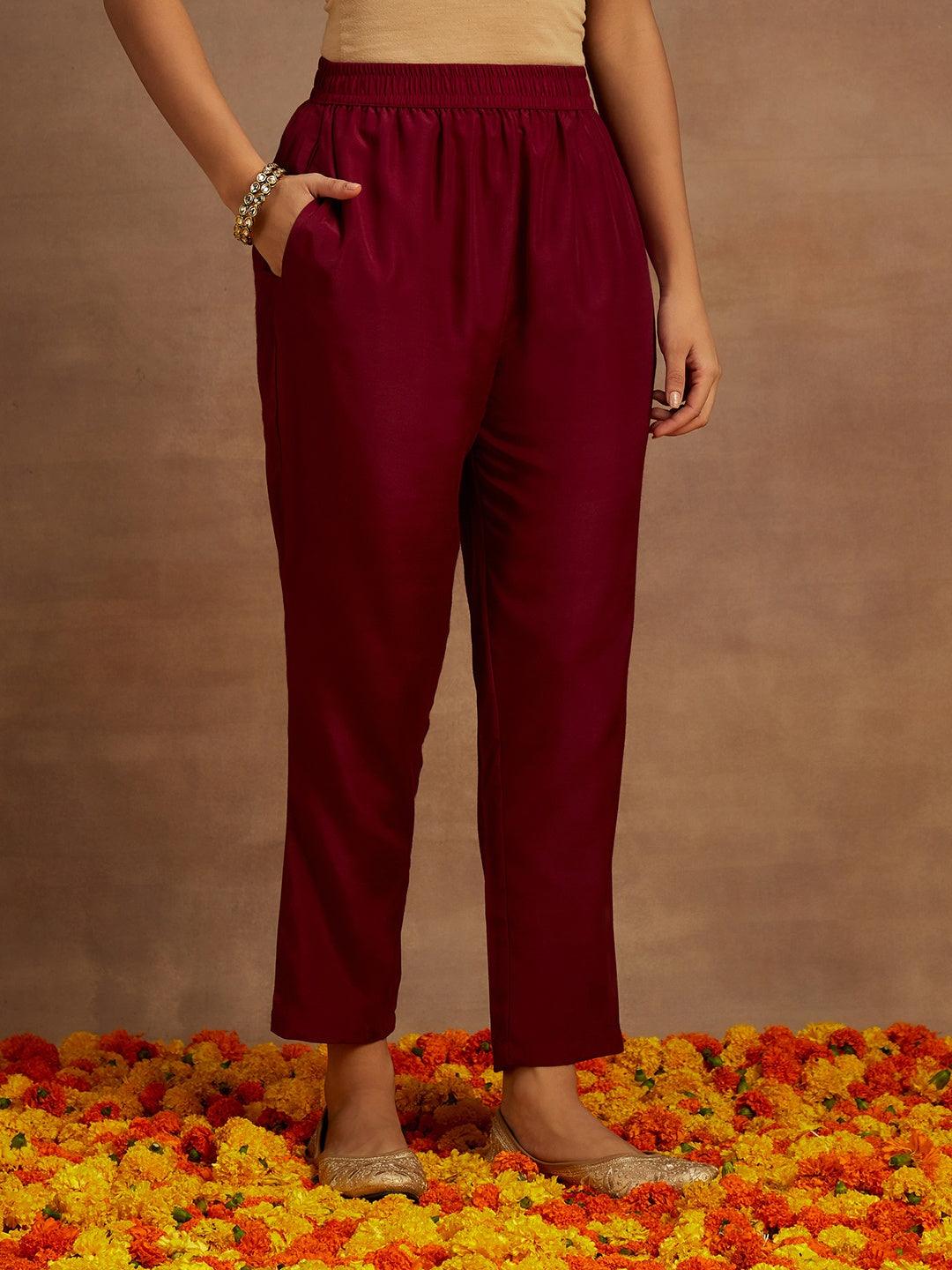 Burgundy Yoke Design Silk Blend Straight Kurta With Trousers & Dupatta - ShopLibas