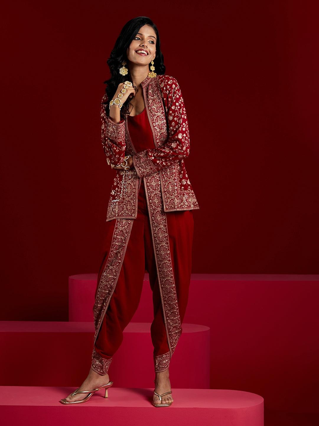 Libas Art Magenta Embellished Georgette Top With Trousers & Jacket - ShopLibas