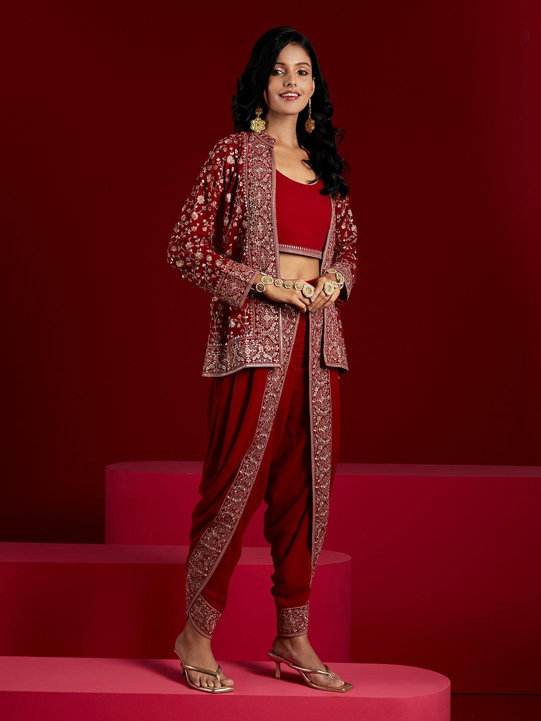 Libas Art Magenta Embellished Georgette Top With Trousers & Jacket - ShopLibas