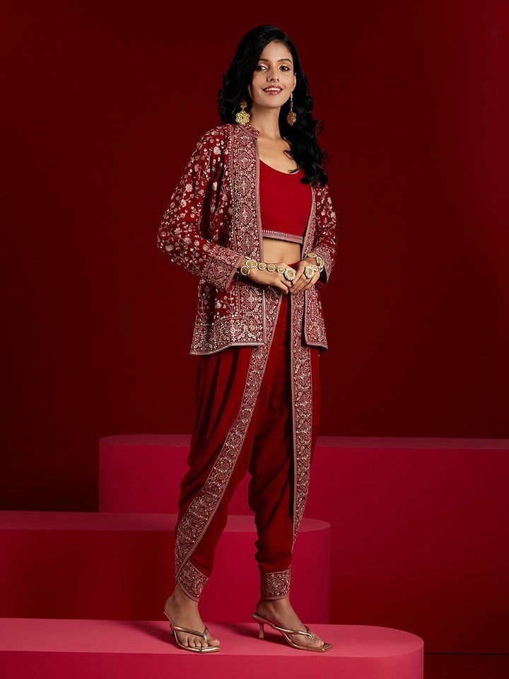 Libas Art Magenta Embellished Georgette Top With Trousers & Jacket - ShopLibas