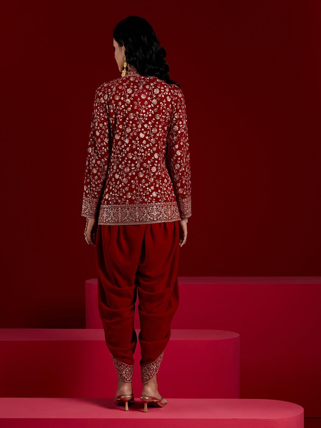 Libas Art Magenta Embellished Georgette Top With Trousers & Jacket - ShopLibas