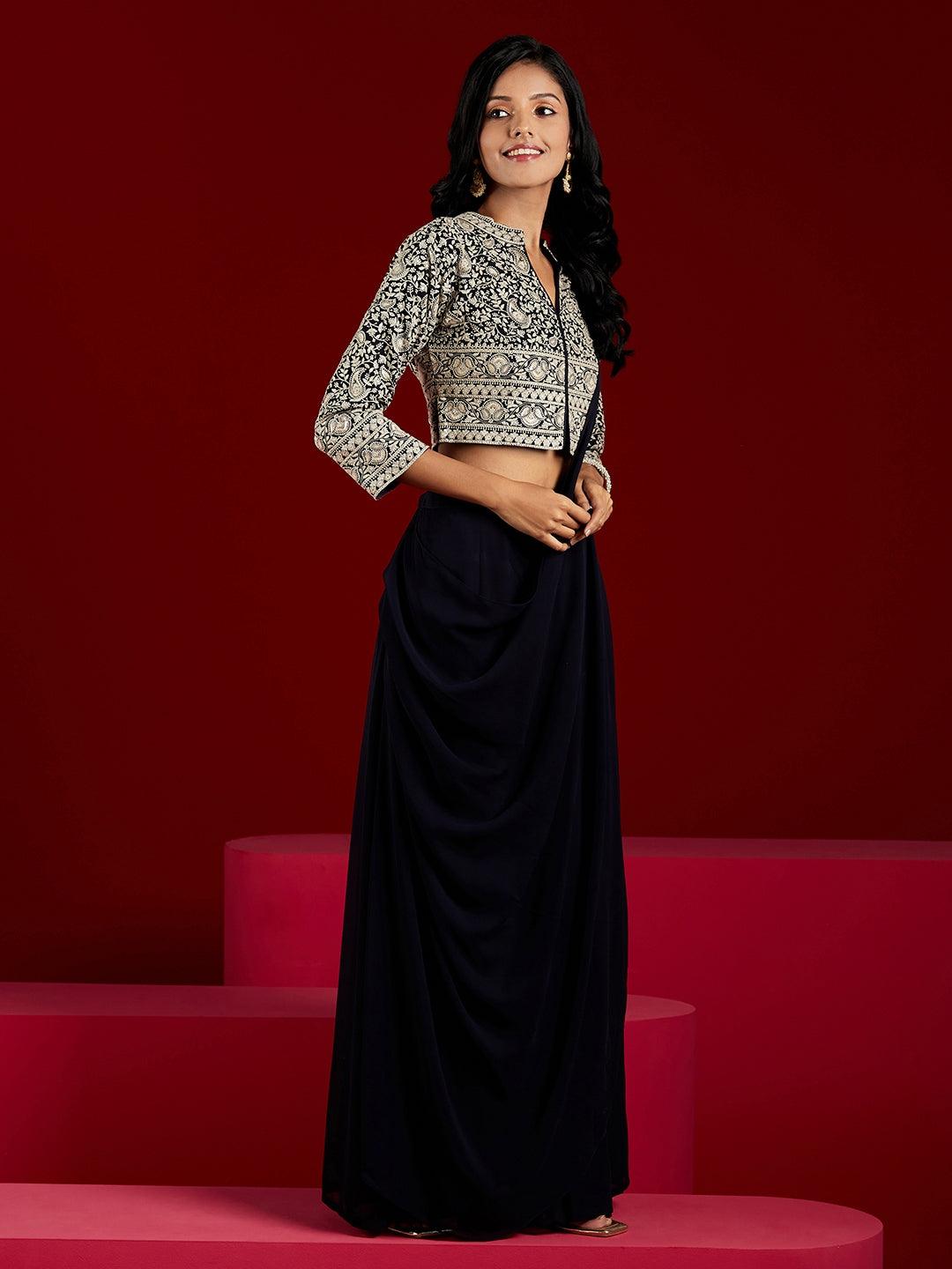Libas Art Navy Blue Embellished Georgette Top With Palazzos - ShopLibas