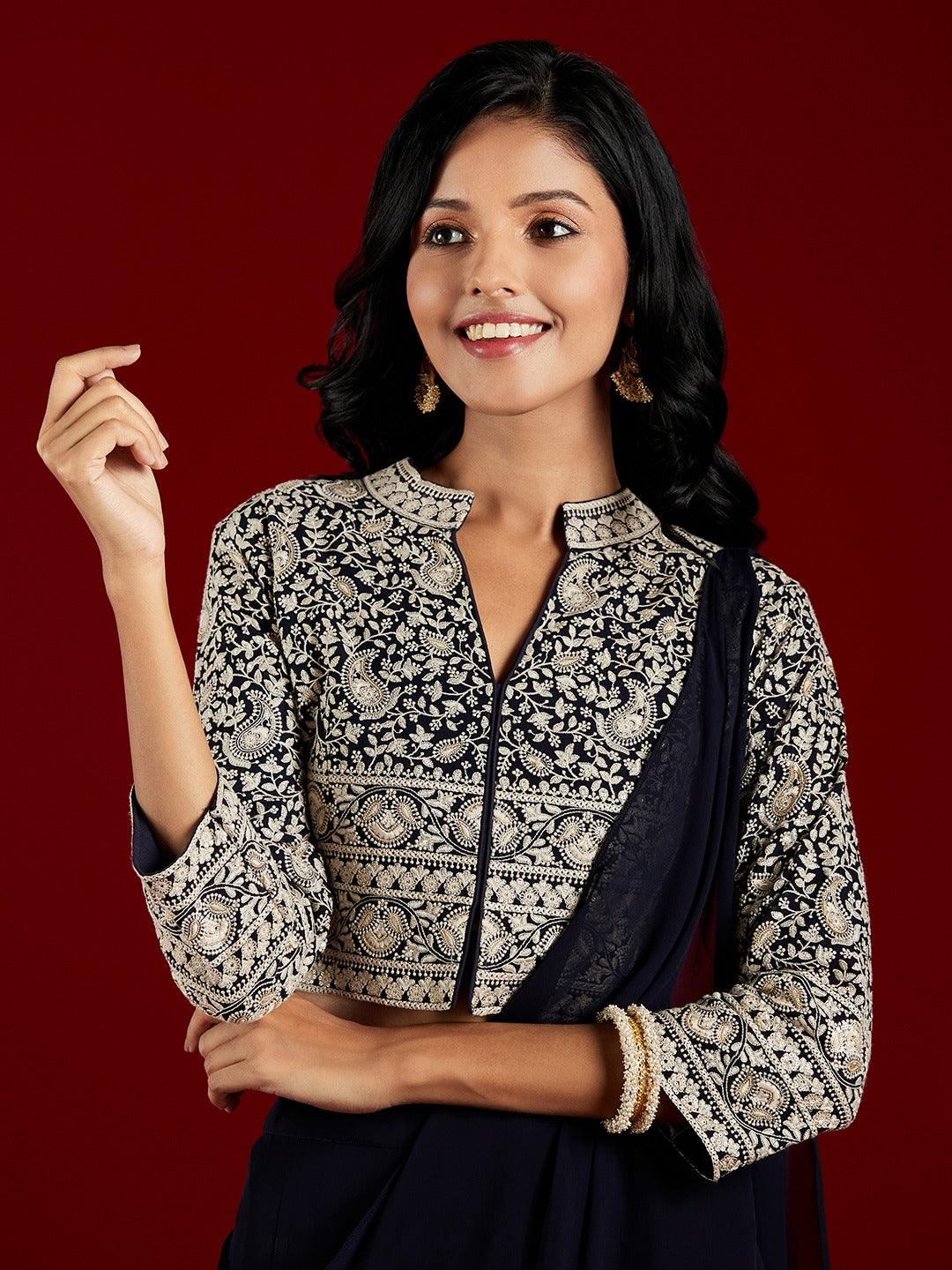 Libas Art Navy Blue Embellished Georgette Top With Palazzos - ShopLibas